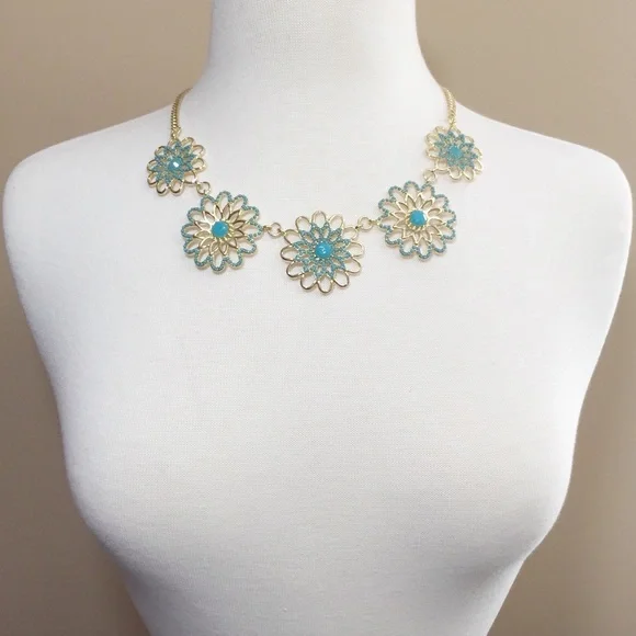 Aqua Blue Dot Open Daisy Necklace Earrings Set - Picture 3 of 3